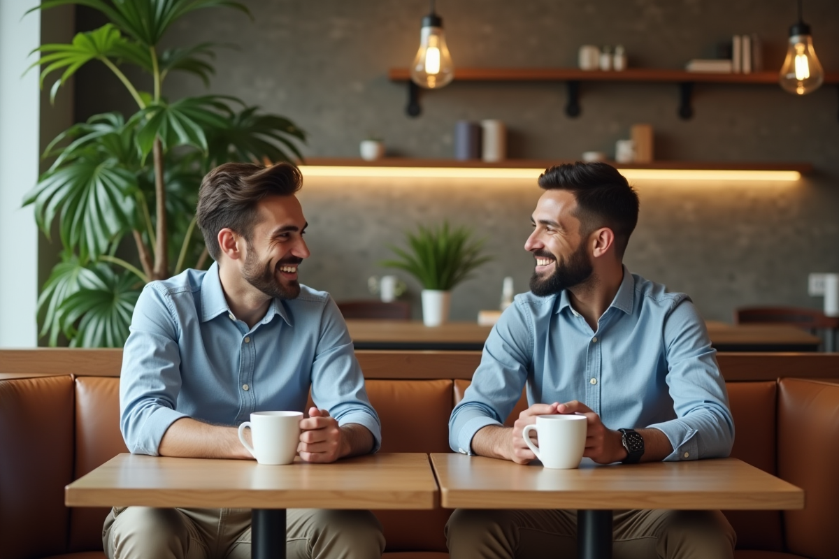 Deux jeunes hommes discutant dans un café moderne