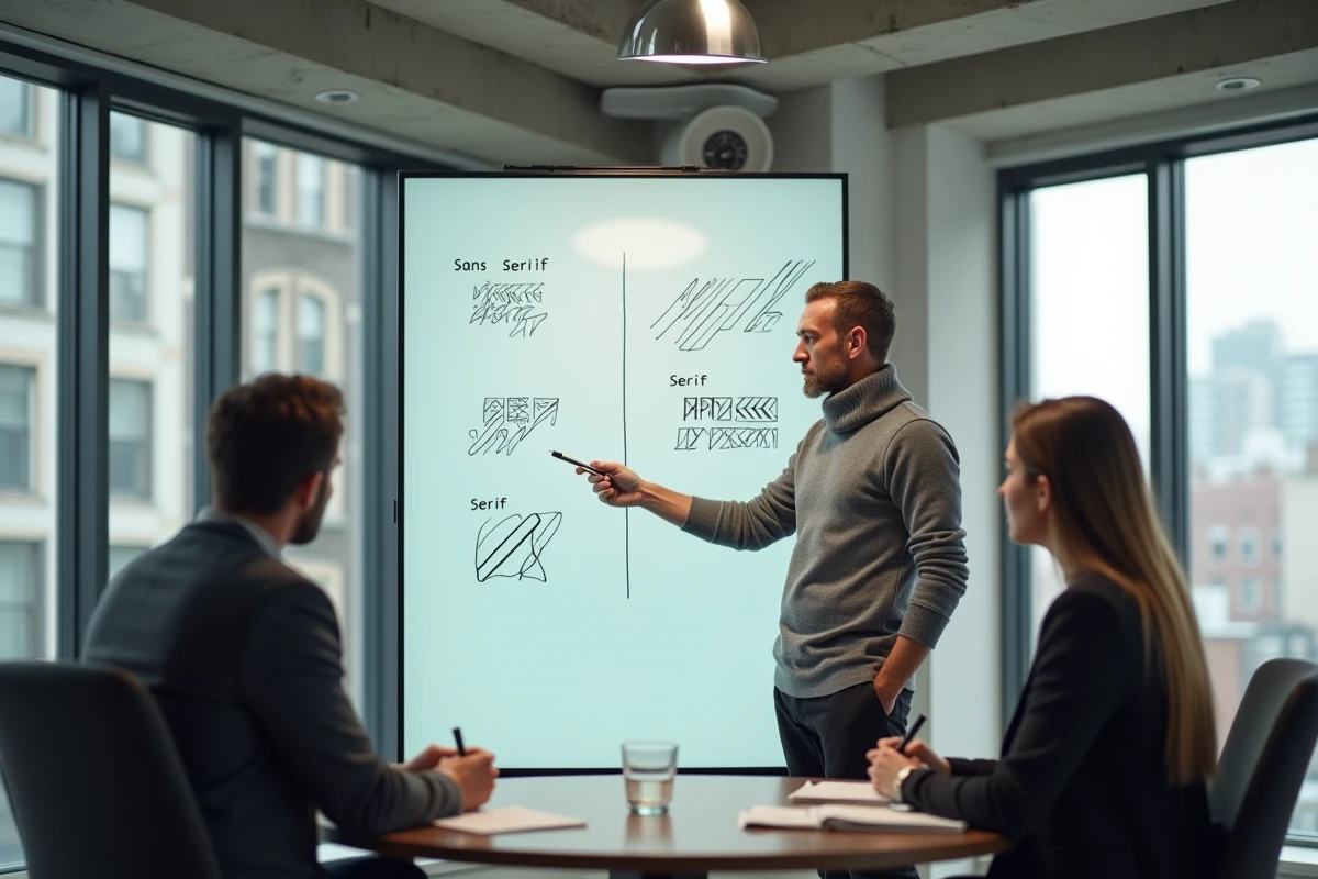 Directeur créatif expliquant les différences entre polices serif et sans-serif à son équipe lors d'un atelier de présentation PowerPoint