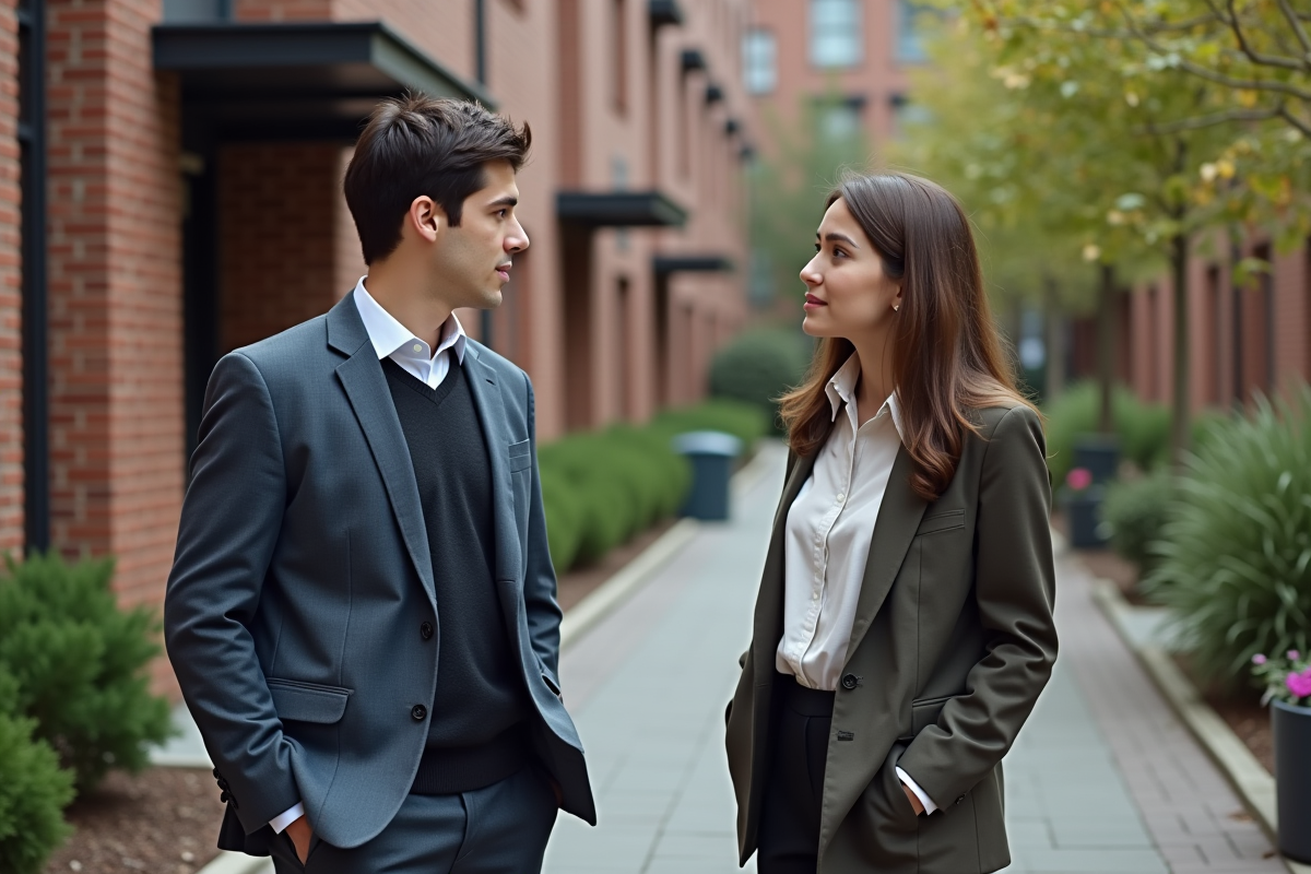 Jeune homme et femme discutant devant une entrée d