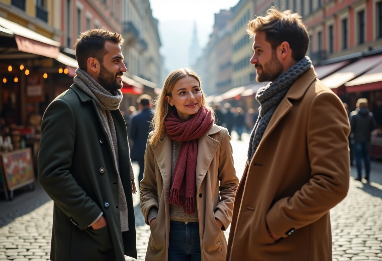 Groupe de acheteurs mode discutant en rue urbaine
