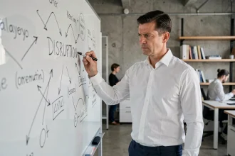 Un professionnel écrit le mot disruption sur un tableau en verre dans un bureau moderne, illustrant le débat sur l'innovation radicale