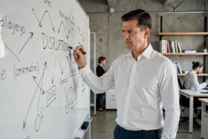 Un professionnel écrit le mot disruption sur un tableau en verre dans un bureau moderne, illustrant le débat sur l'innovation radicale