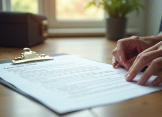 Les implications économiques d’un refus de succession : une analyse détaillée Main hésitante sur un document financier et un testament sur un bureau en bois