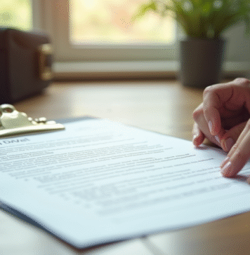 Main hésitante sur un document financier et un testament sur un bureau en bois