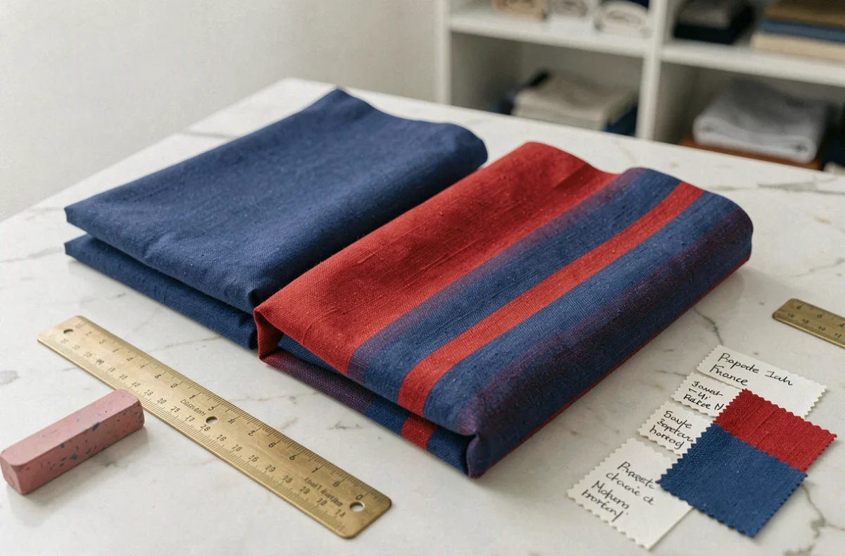 Échantillons de tissus bleu et rouge avec finitions soignées sur fond de marbre blanc