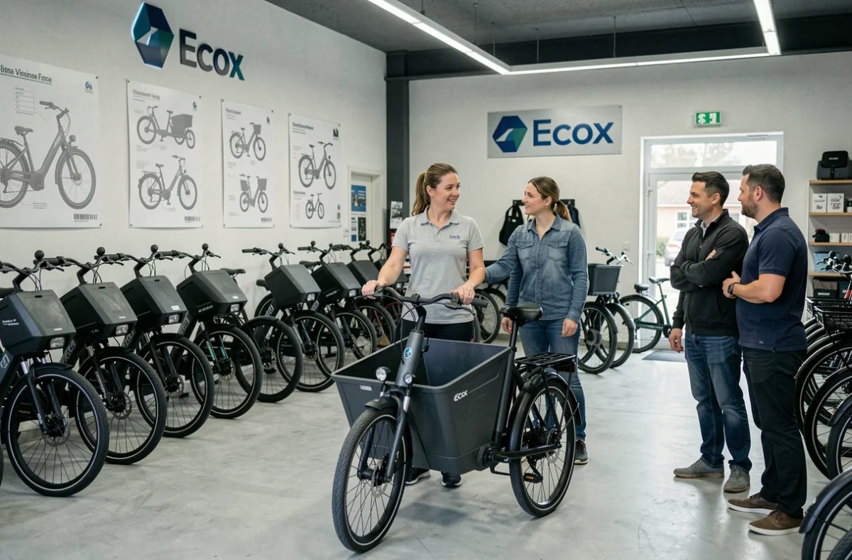 Intérieur du magasin Ecox à Vincennes montrant une vendeuse présentant un vélo cargo électrique à un couple
