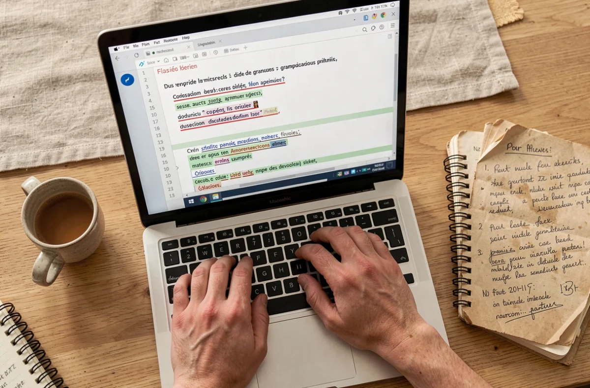 Gros plan sur un écran d'ordinateur affichant des corrections orthographiques et grammaticales dans un logiciel de rédaction en télétravail