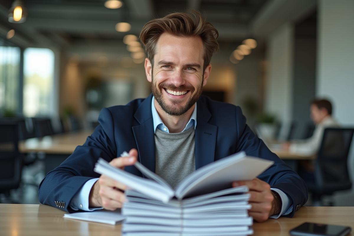 Éditeur confiant examinant des magazines dans un bureau moderne
