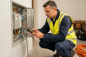 Électricien professionnel en Charente-Maritime inspectant un tableau électrique dans une maison résidentielle moderne