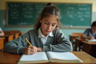 Élève au bureau travaillant sur une conversion de centimètres cubes en litres dans un cahier de mathématiques