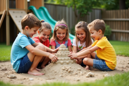 Enfants construisant un chateau de sable dans un terrain de jeu coloré