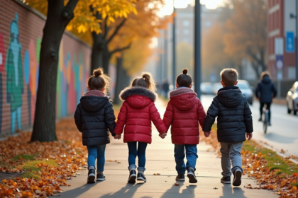 Groupe d'enfants main dans la main devant une école moderne