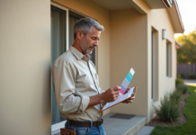 Comment évaluer le coût du crépi pour une maison de 100 m² ? Chef de chantier homme examine un échantillon de couleur devant une maison neuve