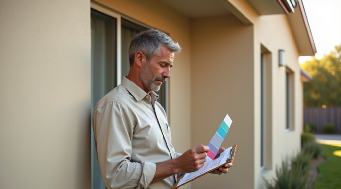 Chef de chantier homme examine un échantillon de couleur devant une maison neuve