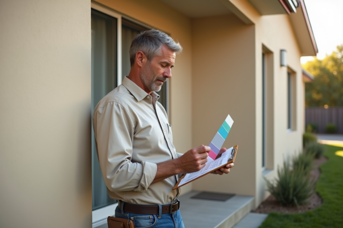 entrepreneur-chantier-examen-echantillons Chef de chantier homme examine un échantillon de couleur devant une maison neuve