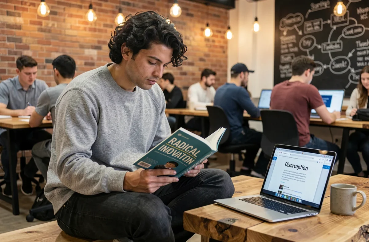 Un jeune entrepreneur lit un livre sur l'innovation radicale dans un espace de coworking, questionnant le sens du terme disruption