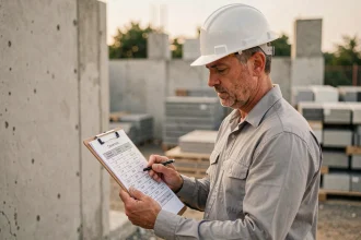 Entrepreneur en bâtiment consultant un tableau de conversion m3 et litre sur un chantier de construction