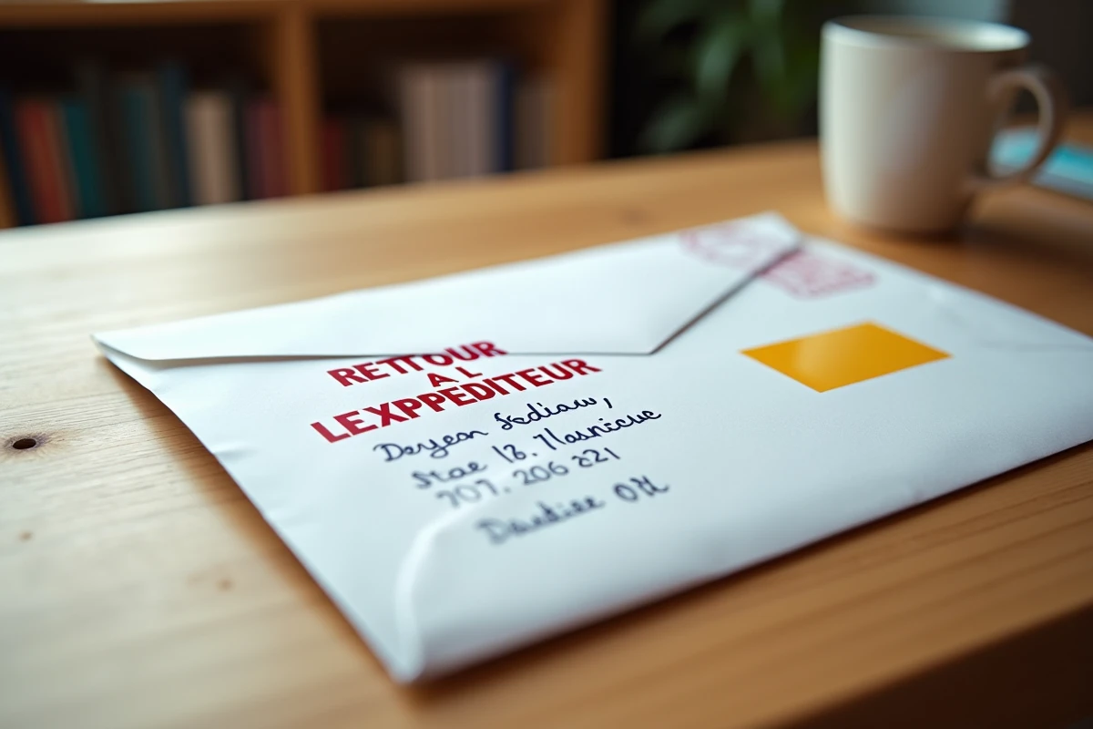Enveloppe postale avec tampon retour à l'expéditeur et adresse barrée sur un bureau en bois