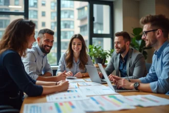 Groupe de collaborateurs en réunion dans un bureau moderne