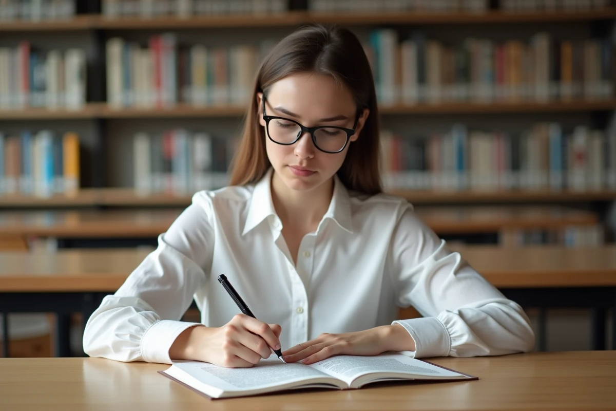 Jeune femme annotant le Code civil français à la bibliothèque universitaire, illustrant l'étude de l'article 1134 sur l'exécution des contrats