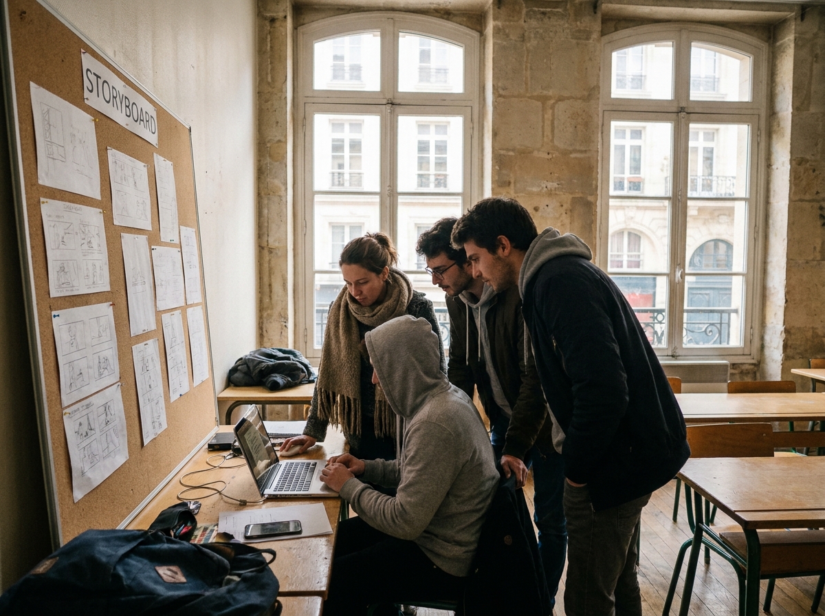 Groupe d'étudiants en formation cinéma discutant d'un scénario dans une salle de classe française
