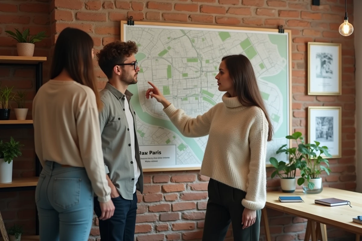 Jeune femme expatriée présentant une carte de Paris à des nouveaux arrivants dans un espace de coworking convivial