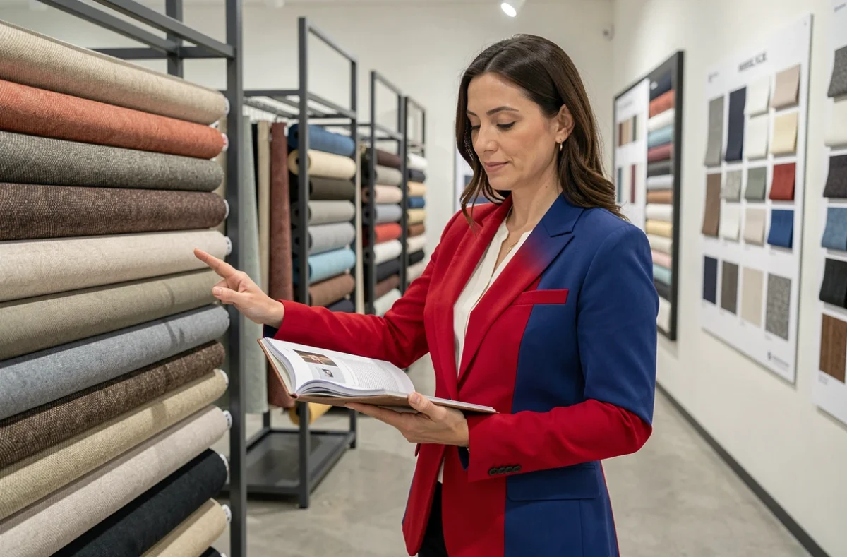 Femme experte en textile présentant un blazer bleu et rouge dans un showroom de tissus professionnels