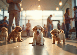 Expo de chiens joyeux avec chiots joueurs en intérieur
