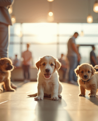 Expo de chiens joyeux avec chiots joueurs en intérieur