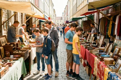 Famille avec enfants qui fait le tour des stands d'une braderie en plein air le week-end