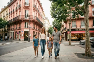 Famille avec enfants se promenant dans une rue animée du centre de Toulouse avec immeubles en briques roses