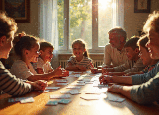Skip-Bo Junior : avis et recommandations pour un jeu familial réussi Famille multigenerational jouant à SkipBo Junior en famille