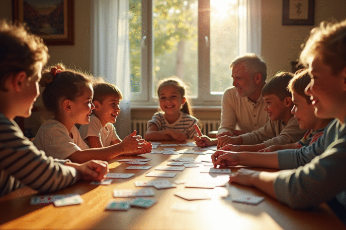 Famille multigenerational jouant à SkipBo Junior en famille