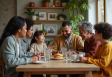 Famille multigenerational partageant un repas convivial à la maison
