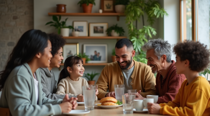 Famille multigenerational partageant un repas convivial à la maison