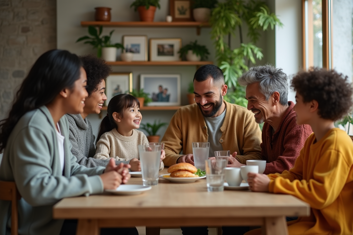 Famille multigenerational partageant un repas convivial à la maison
