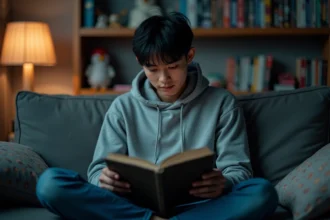 Jeune fan de manga lisant un volume de One Piece sur son canapé entouré de figurines et de mangas