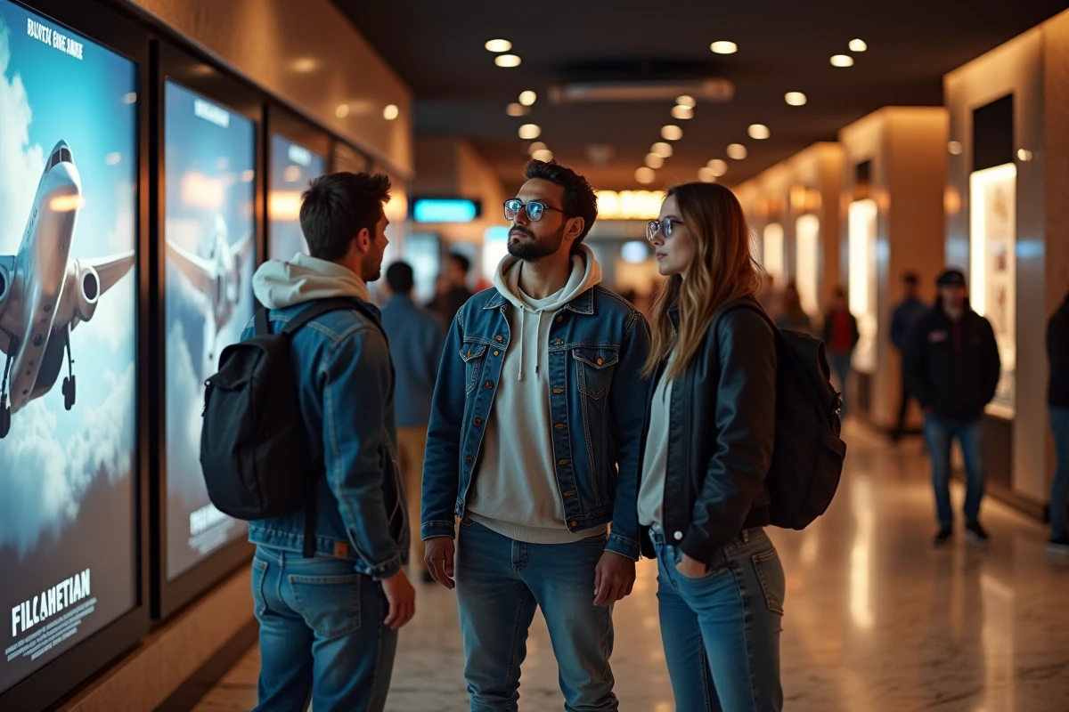 Fans de cinéma admirant l'affiche de Top Gun 3 dans le hall d'un cinéma moderne
