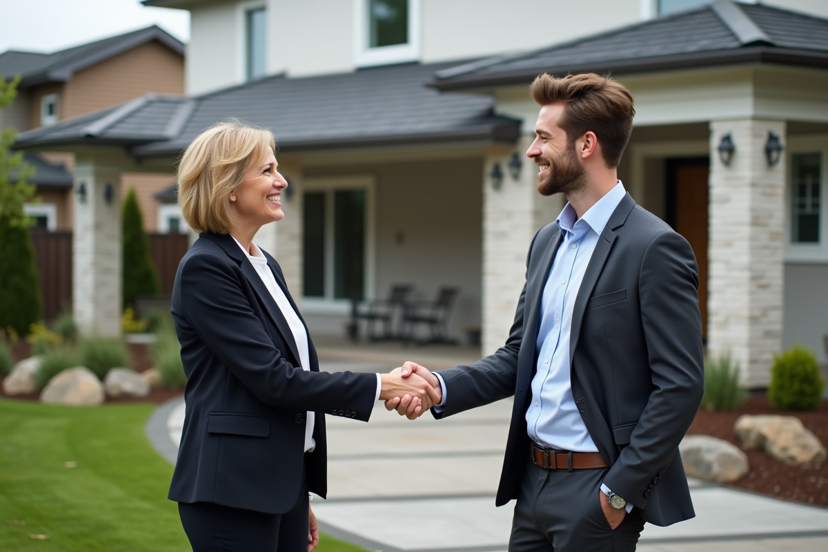 Femme souriante en rendez-vous immobilier avec agent
