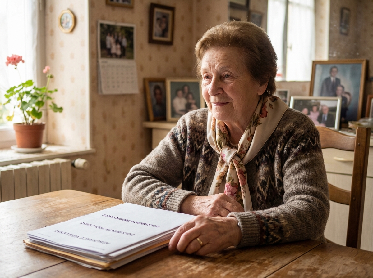 Femme agee en intérieur examine documents d'assurance