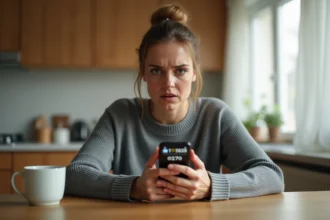 Femme suspicieuse regardant un appel entrant depuis un numéro 0270 inconnu sur son smartphone dans une cuisine