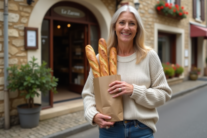 Femme souriante dans un village français avec baguettes