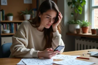 Jeune femme concentrée sur son smartphone dans un bureau cosy