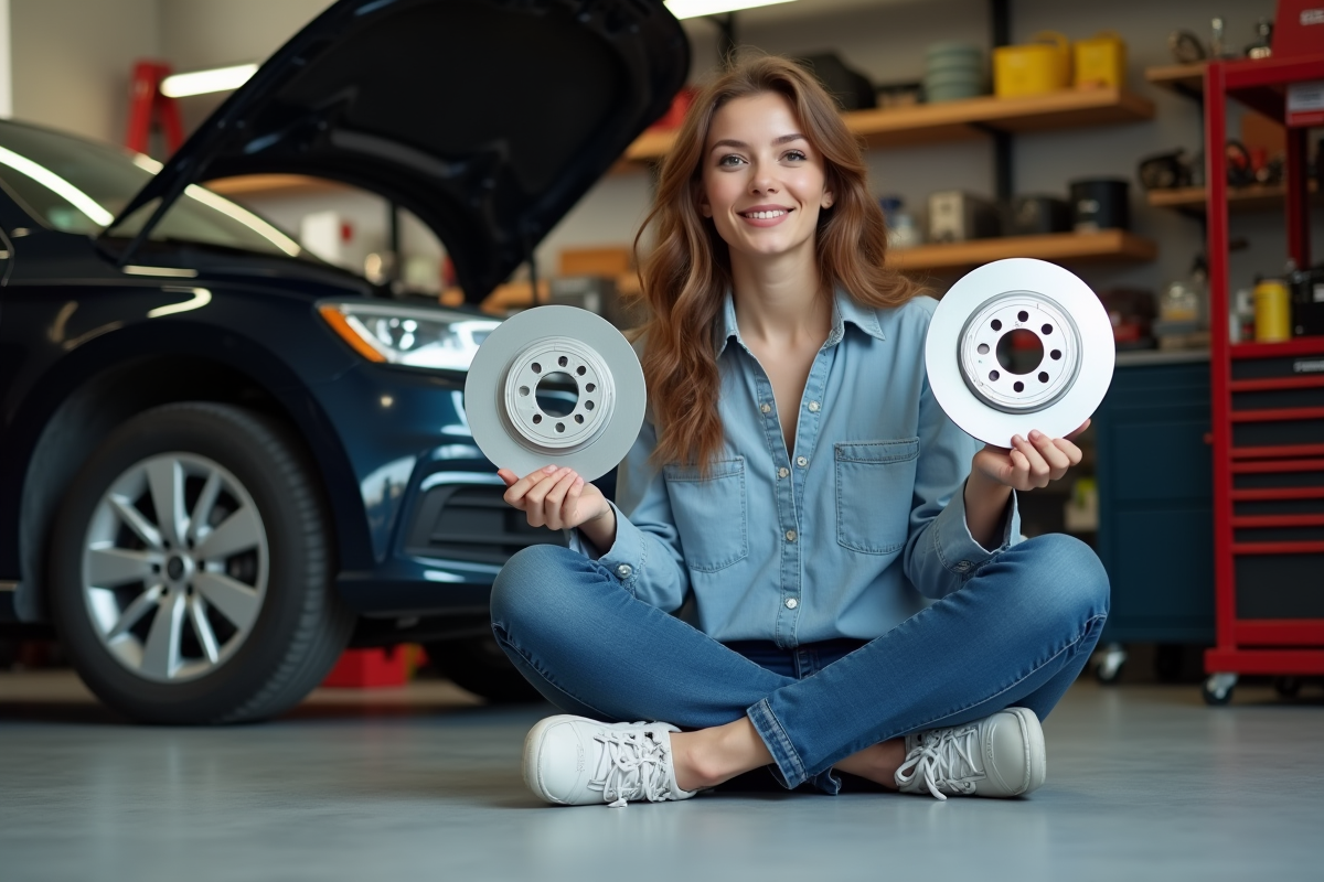 Jeune femme comparant deux disques de frein dans son garage