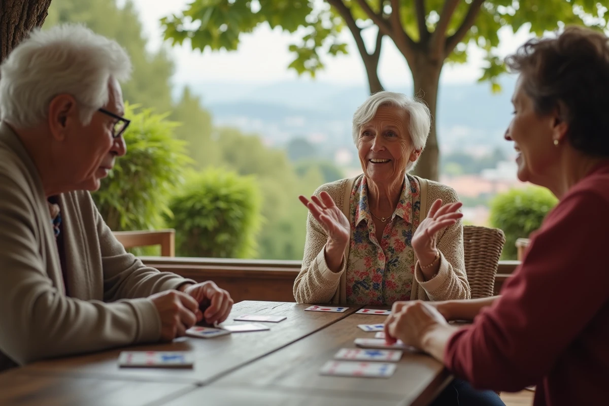 Femme confiante jouant au bridge en extérieur avec amis