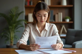 Jeune femme au bureau lisant un rapport professionnel