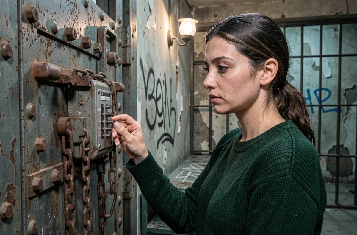Femme inspectant un cadenas sur une porte en métal dans une escape room thème prison