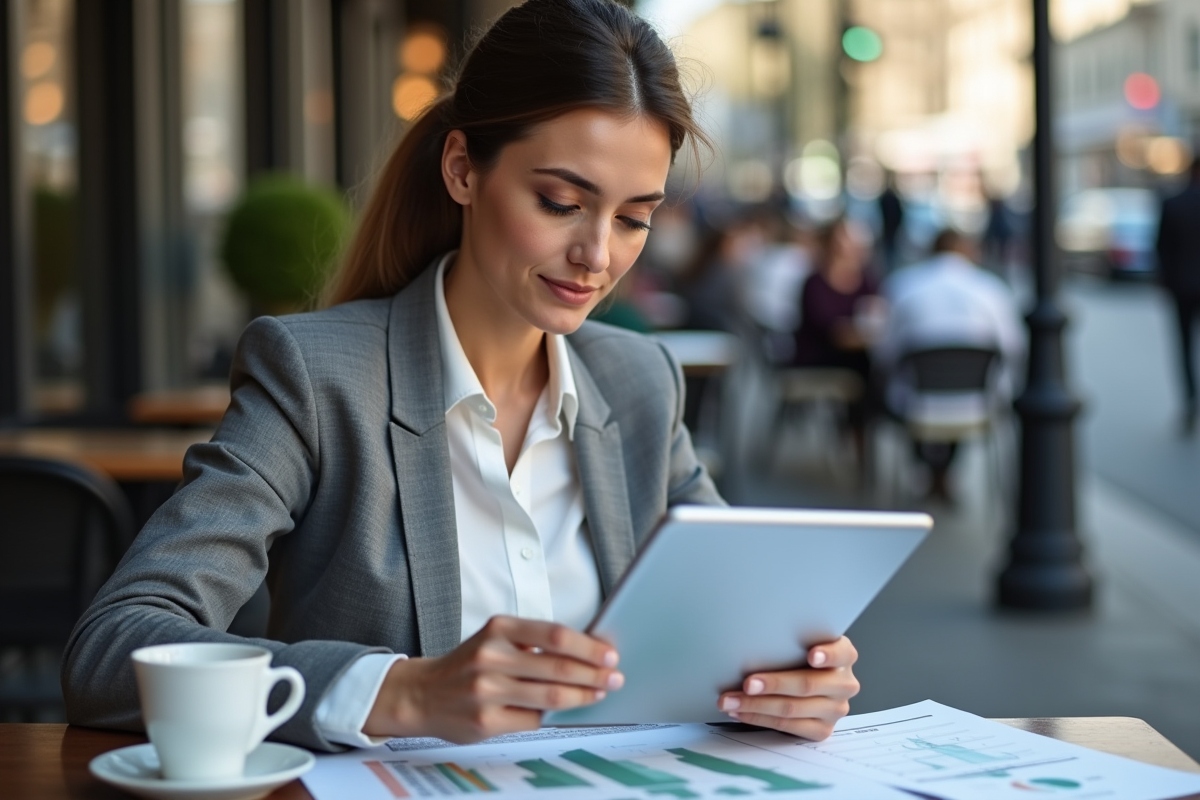 Femme professionnelle examine tableau de comparaison au cafe