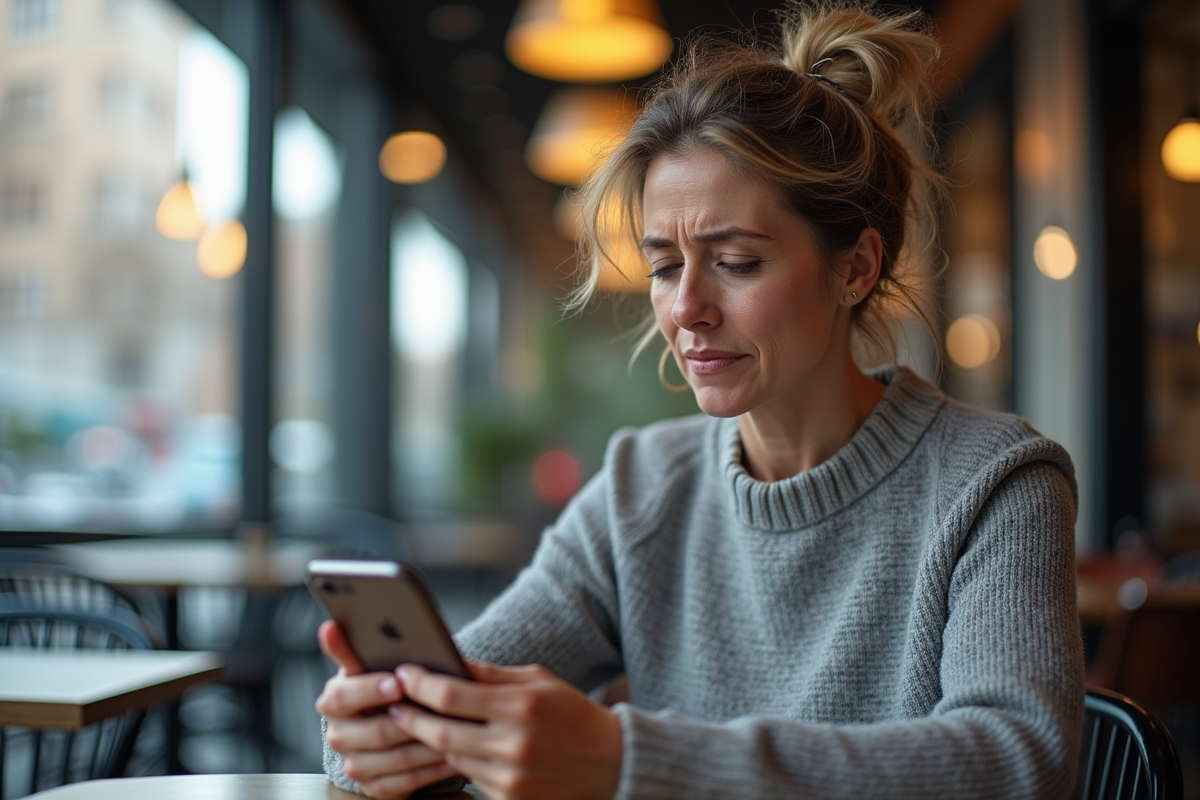 Femme d age moyen naviguant sur son smartphone dans un cafe