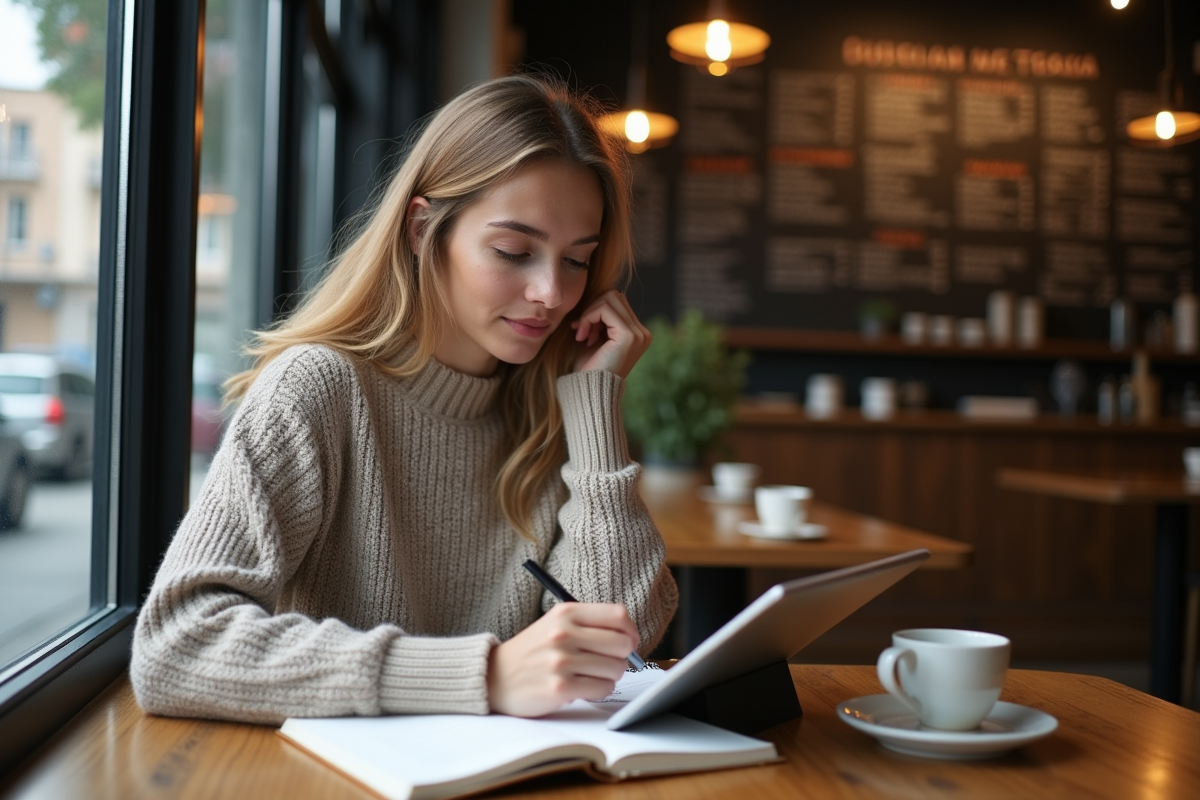 Jeune femme écrivant dans un café urbain